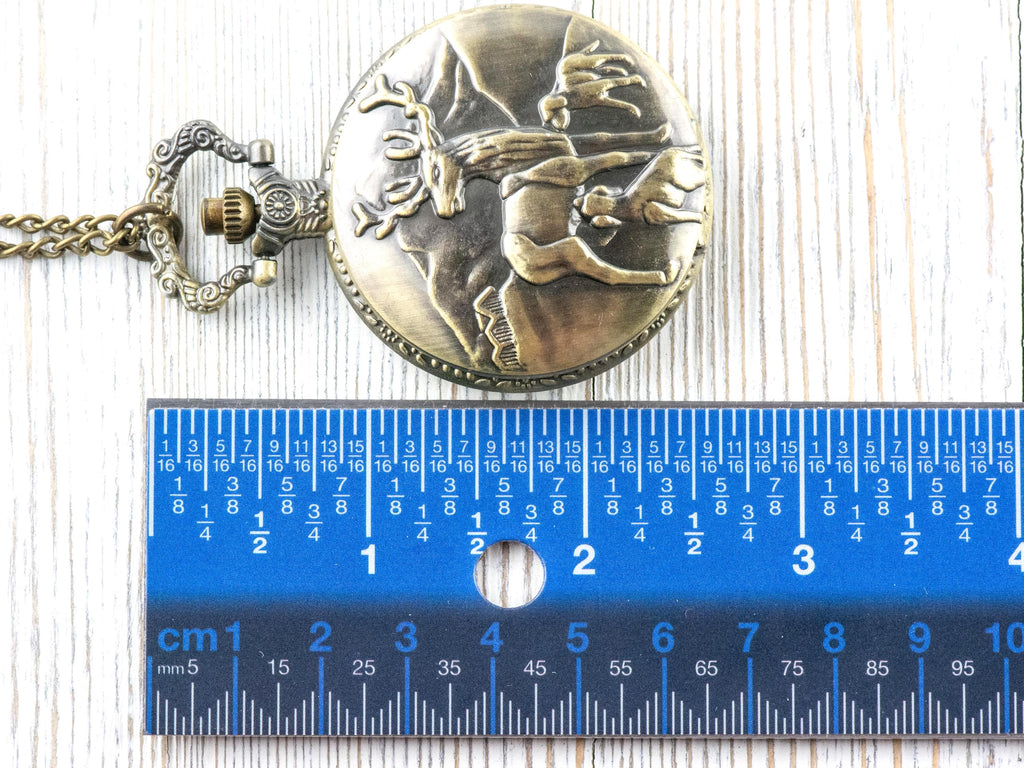 Reindeer Bronze Pocket Watch Long Necklace / Unique Watches / Nature-Inspired Jewelry / Large Pocket Watch