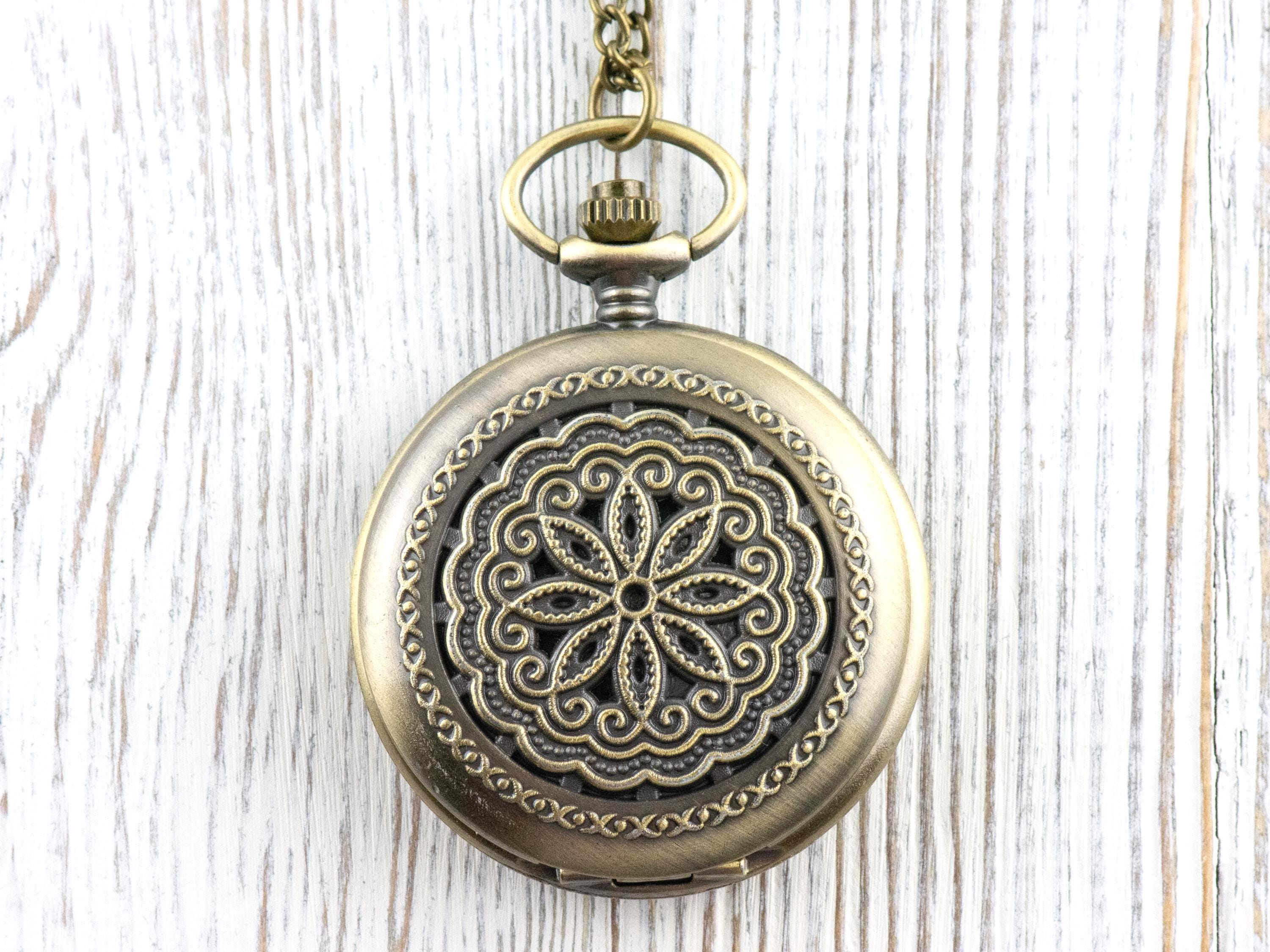 Floral Bronze Pocket Watch Long Necklace / Unique Watches / Nature-Inspired Jewelry / Large Pocket Watch