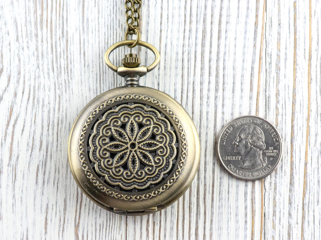 Floral Bronze Pocket Watch Long Necklace / Unique Watches / Nature-Inspired Jewelry / Large Pocket Watch