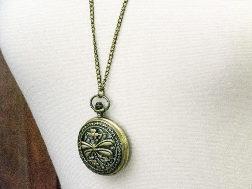 Dragonfly Bronze Pocket Watch Long Necklace / Unique Watches / Nature-Inspired Jewelry / Large Pocket Watch