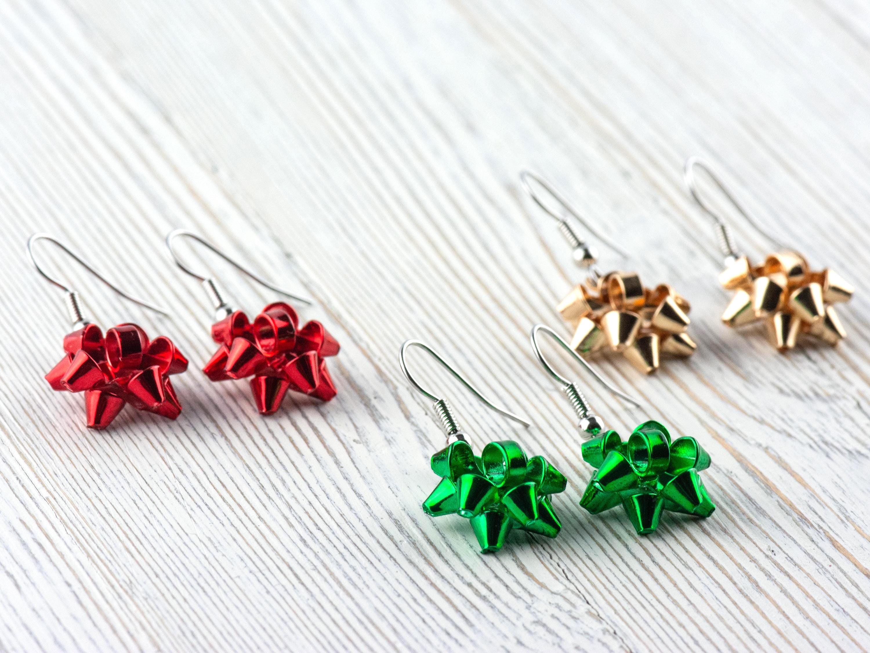 Red • Green • Gold • Christmas Bow Dangle Earrings • Handmade Holiday Jewelry