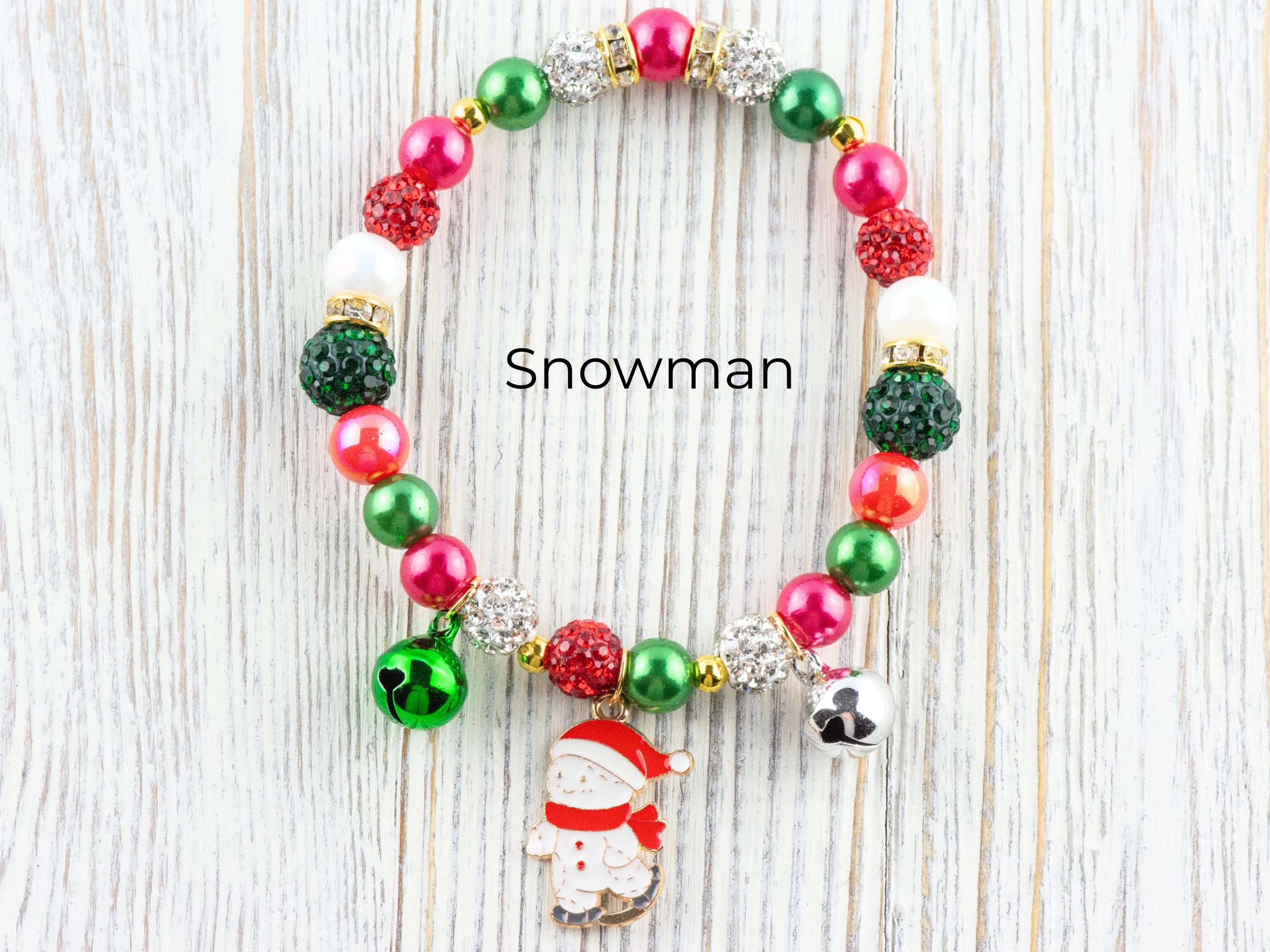 Red & Green Christmas Charm Beaded Stretch Bracelet • Jingle Bells • Holiday Jewelry