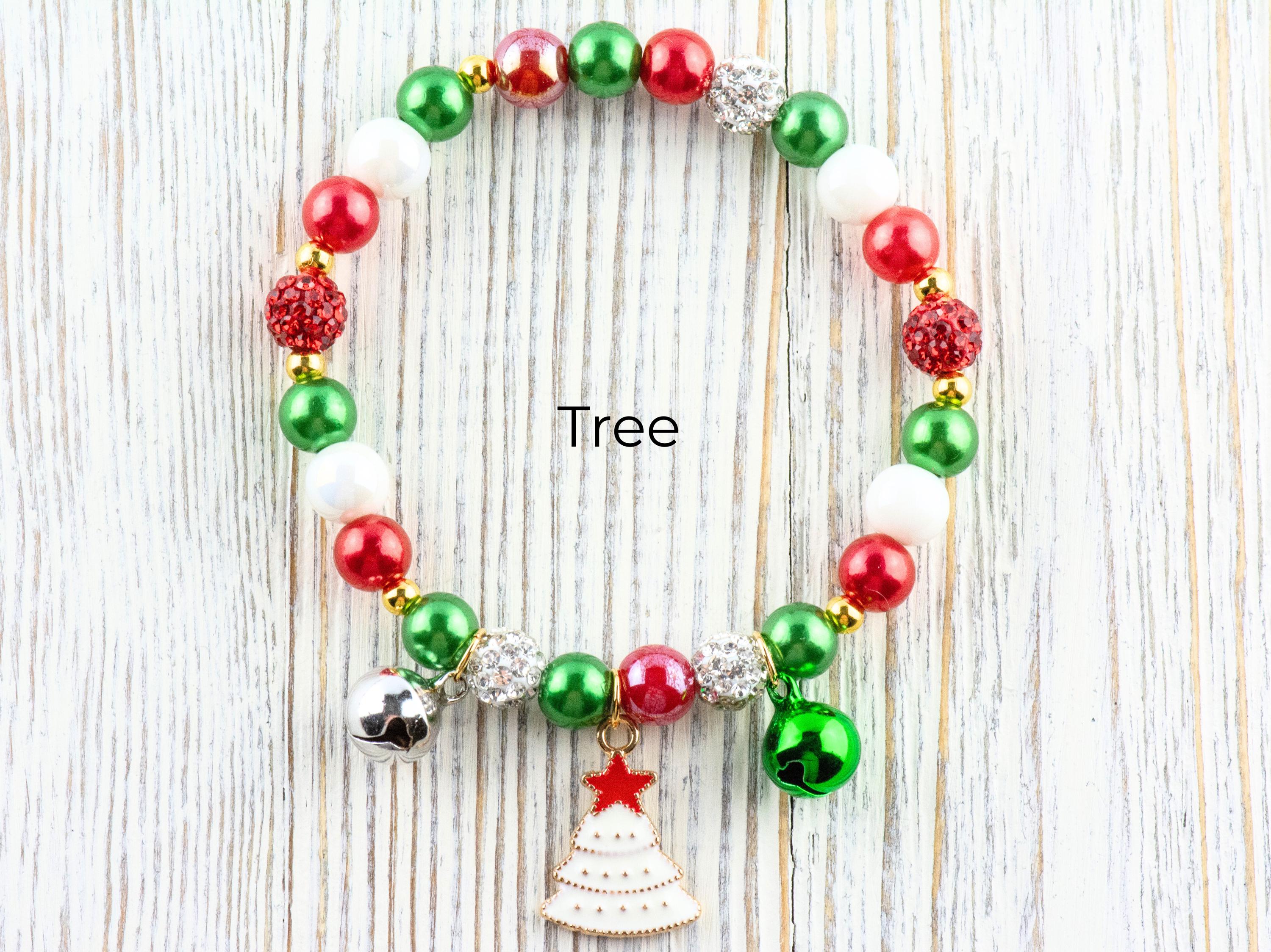 Red & Green Christmas Charm Beaded Stretch Bracelet • Jingle Bells • Holiday Jewelry