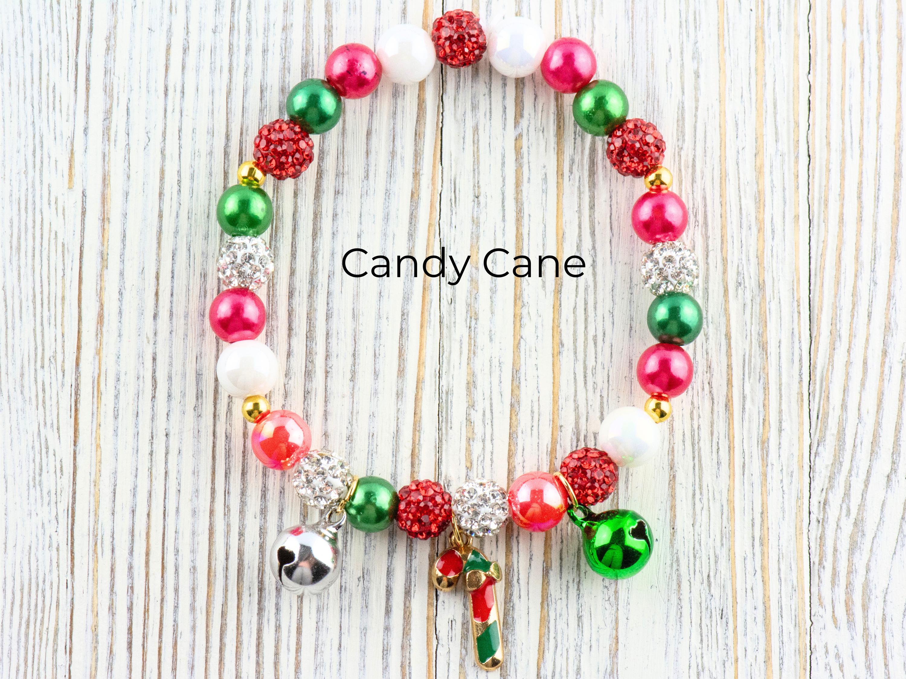 Red & Green Christmas Charm Beaded Stretch Bracelet • Jingle Bells • Holiday Jewelry
