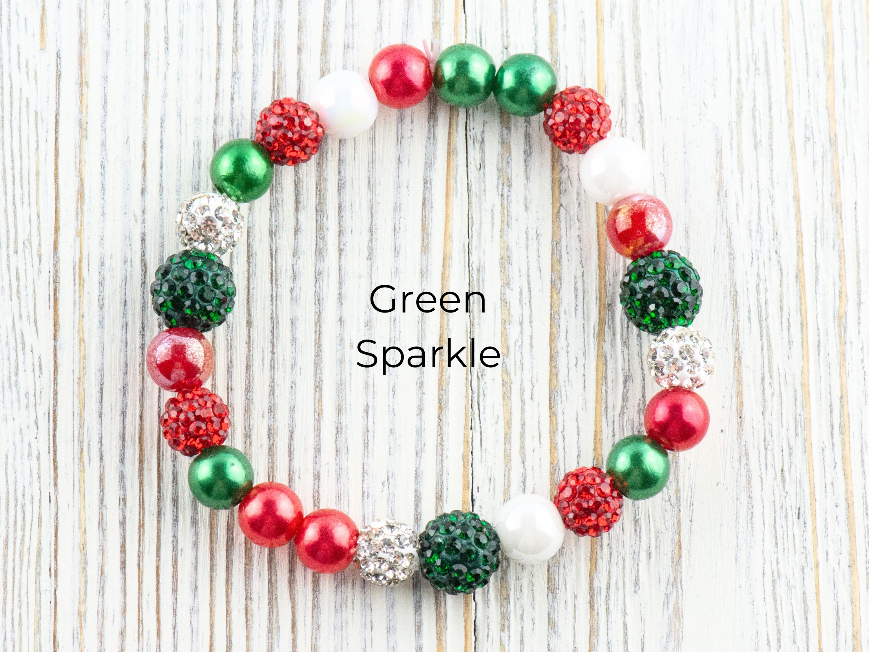 Red & Green Christmas Charm Beaded Stretch Bracelet • Jingle Bells • Holiday Jewelry