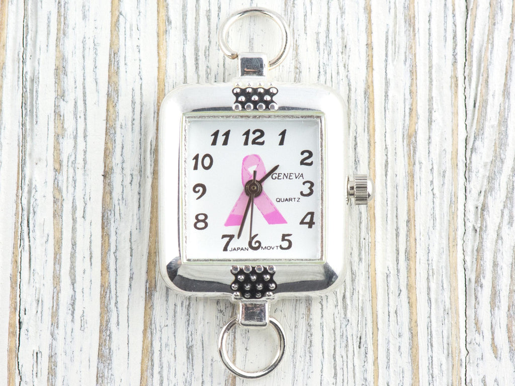 Pink Ribbon Silvertone Embellished Square Watch Face • White Dial • DIY Beading Watch • Jewelry Making • Analog • Loops and Battery Included