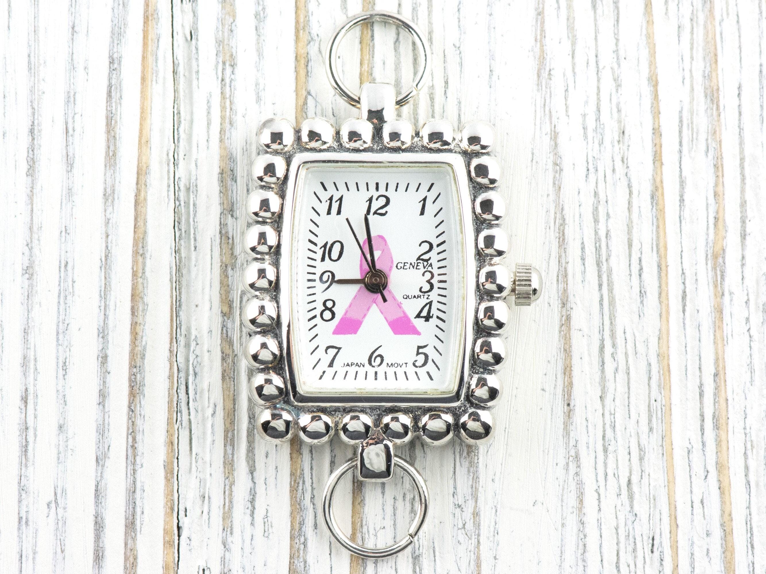Pink Ribbon Silvertone Bumpy Square Watch Face • White Dial • DIY Beading Watch • Jewelry Making • Analog • Loops and Battery Included