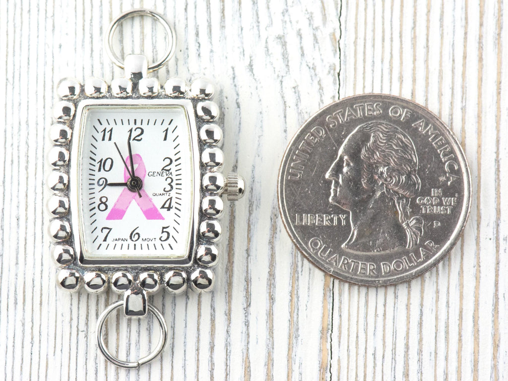 Pink Ribbon Silvertone Bumpy Square Watch Face • White Dial • DIY Beading Watch • Jewelry Making • Analog • Loops and Battery Included