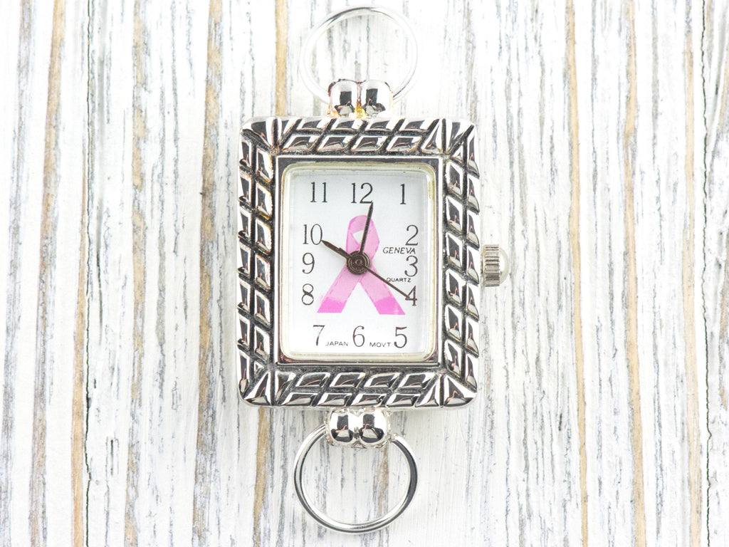 Pink Ribbon Silvertone Square Watch Face • White Dial • DIY Beading Watch • Jewelry Making • Analog • Loops and Battery Included