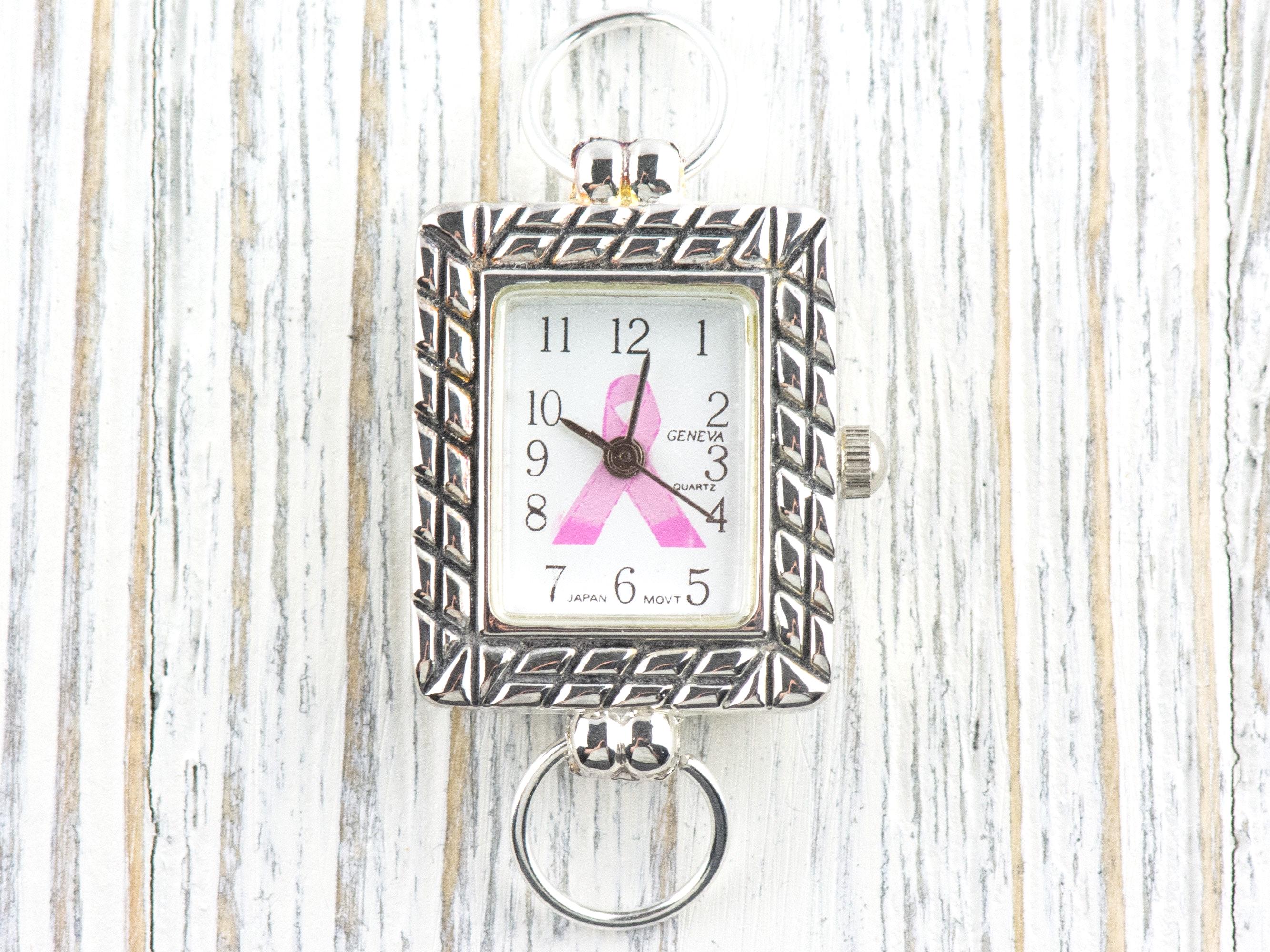 Pink Ribbon Silvertone Square Watch Face • White Dial • DIY Beading Watch • Jewelry Making • Analog • Loops and Battery Included