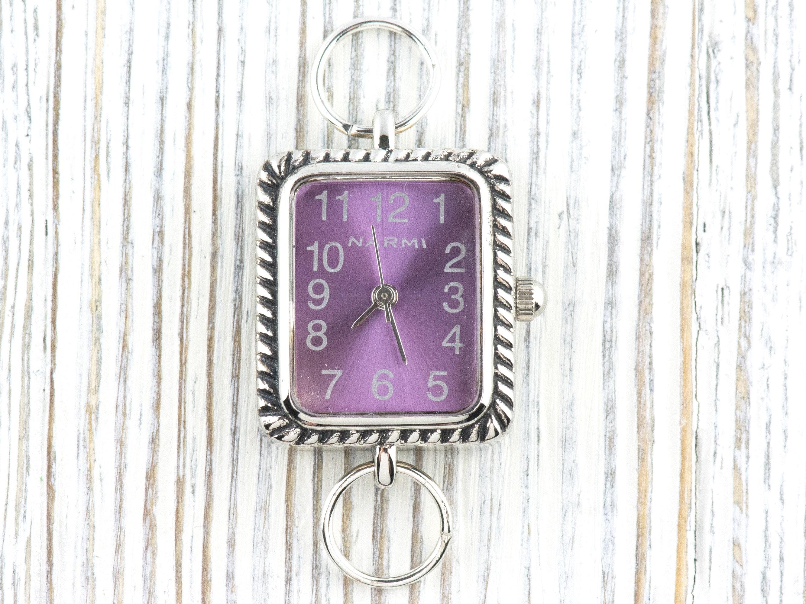 Purple Dial Silvertone Square Watch Face • DIY Beading Watch • Jewelry Making • Analog • Loops and Battery Included