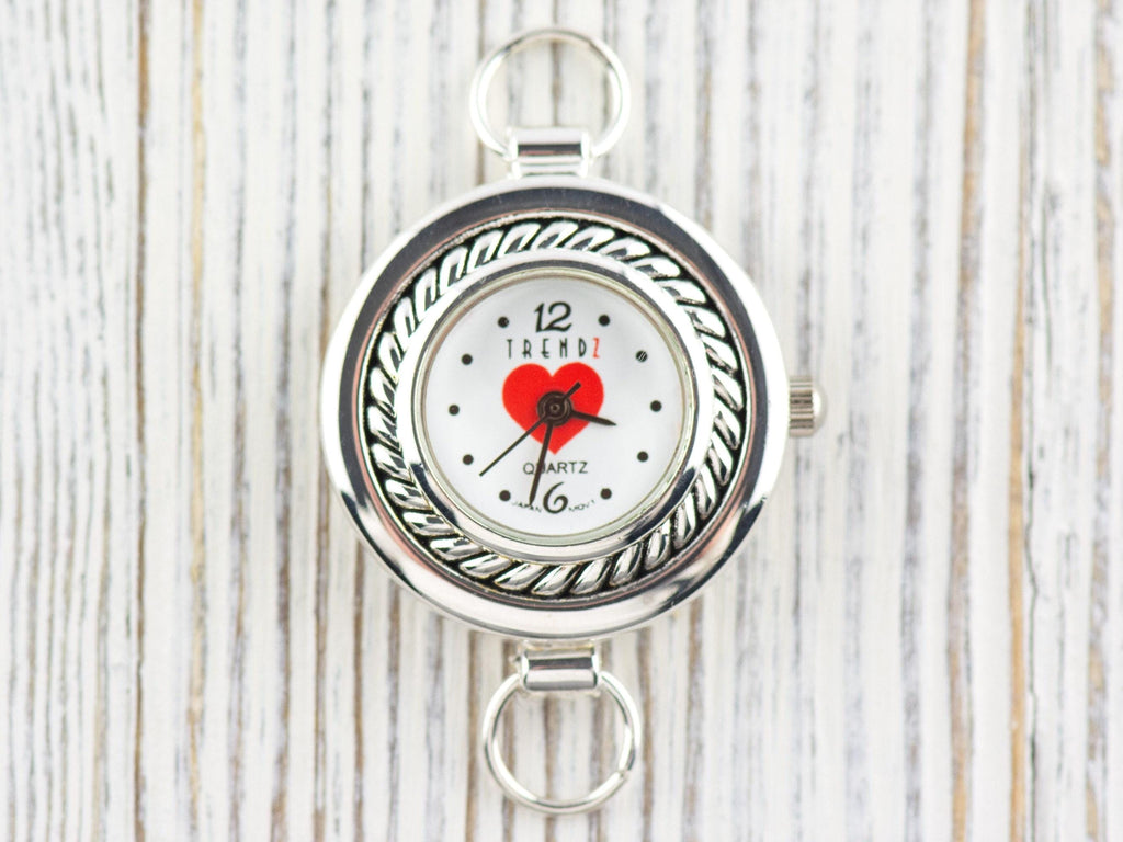 Red Heart White Dial Silvertone Round Watch Face • DIY Beading Watch • Jewelry Making • Analog • Loops and Battery Included