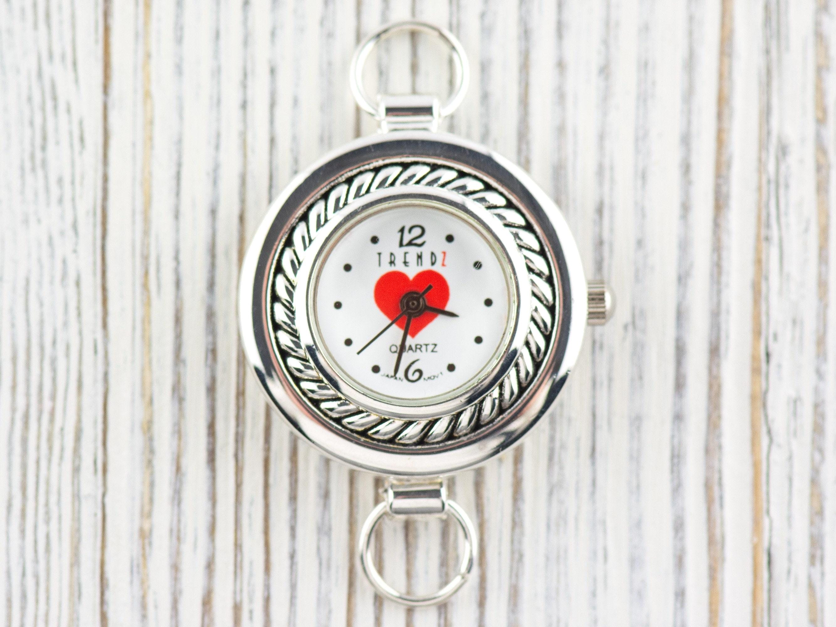 Red Heart White Dial Silvertone Round Watch Face • DIY Beading Watch • Jewelry Making • Analog • Loops and Battery Included