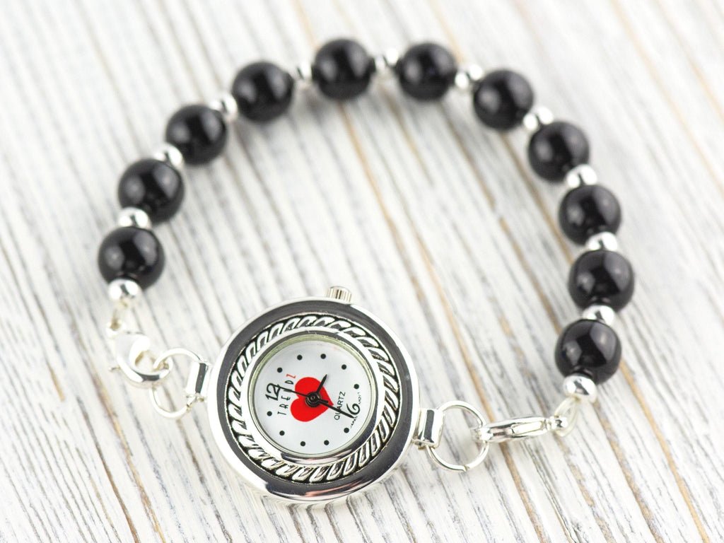 Red Heart White Dial Silvertone Round Watch Face • DIY Beading Watch • Jewelry Making • Analog • Loops and Battery Included