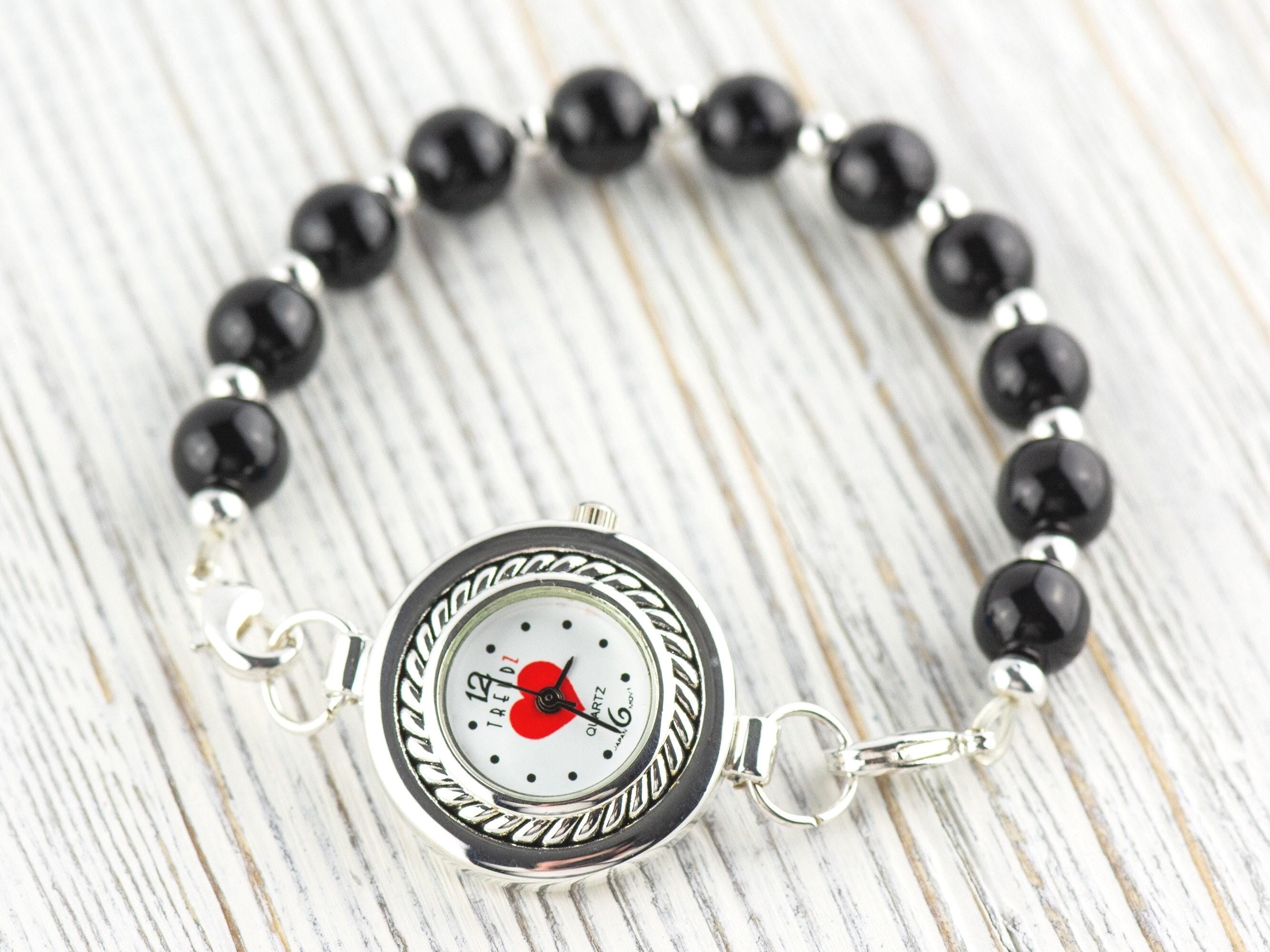 Red Heart White Dial Silvertone Round Watch Face • DIY Beading Watch • Jewelry Making • Analog • Loops and Battery Included