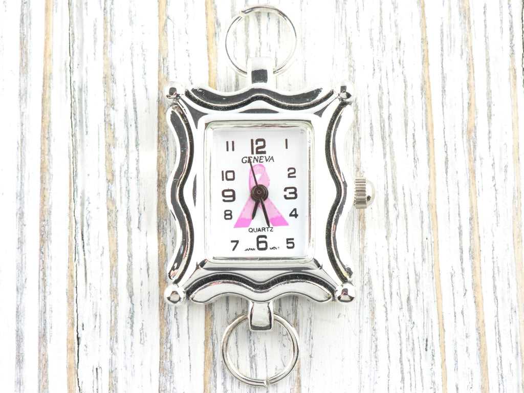 Pink Ribbon Silvertone Square Watch Face • White Dial • DIY Beading Watch • Jewelry Making • Analog • Loops and Battery Included
