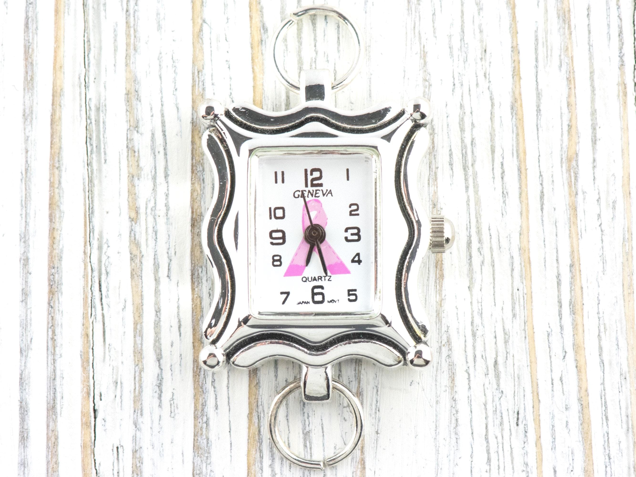 Pink Ribbon Silvertone Square Watch Face • White Dial • DIY Beading Watch • Jewelry Making • Analog • Loops and Battery Included