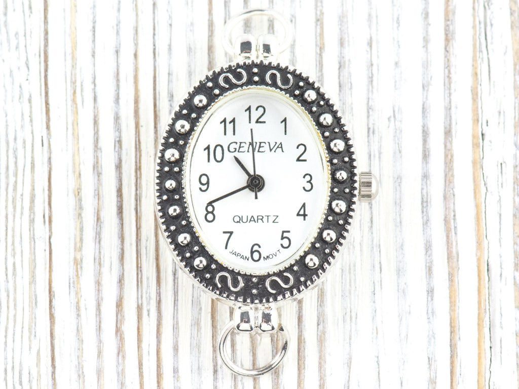 White Dial Marcasite Silvertone Oval Watch Face • DIY Beading Watch • Jewelry Making • Analog • Loops and Battery Included