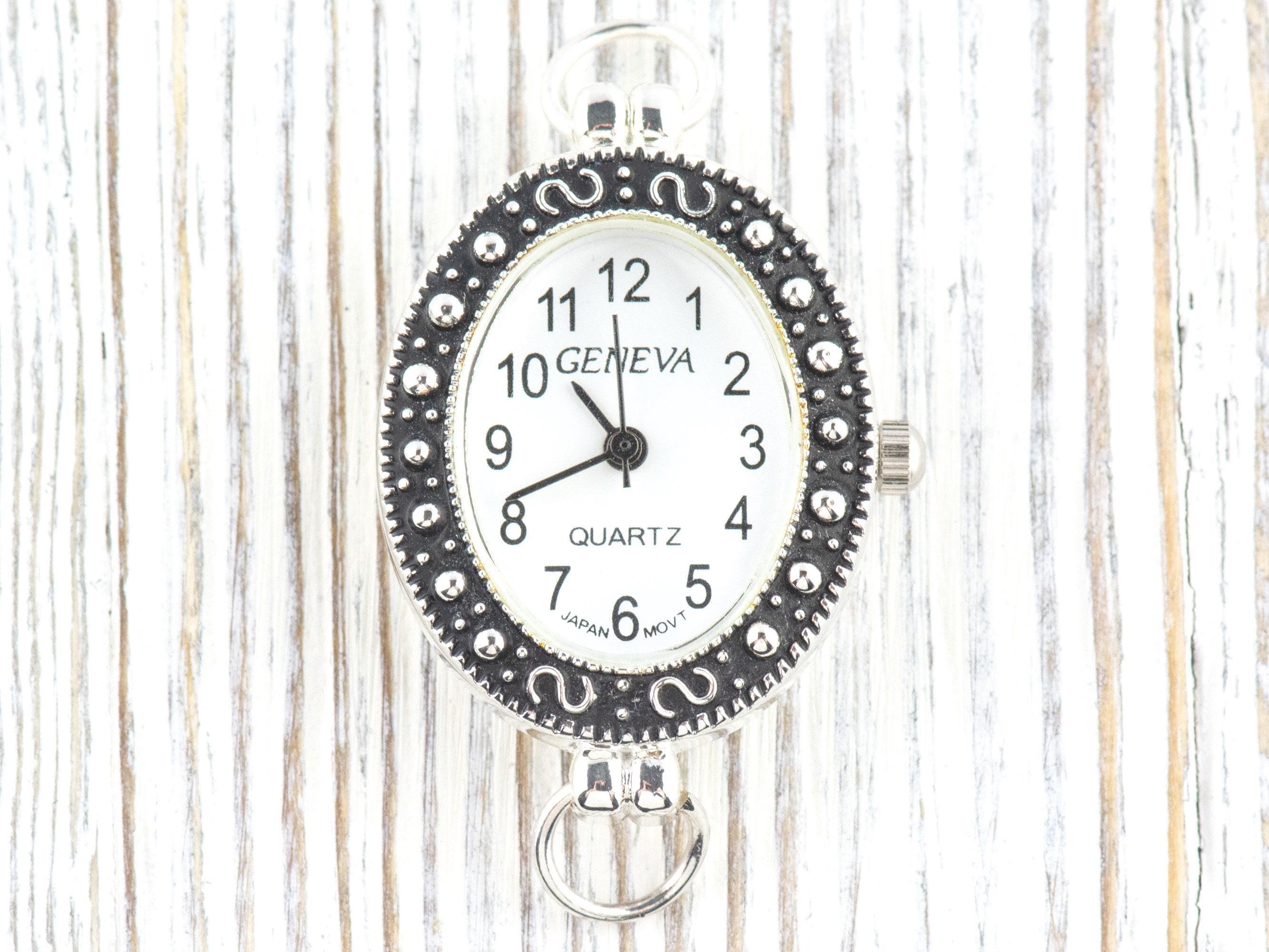 White Dial Marcasite Silvertone Oval Watch Face • DIY Beading Watch • Jewelry Making • Analog • Loops and Battery Included
