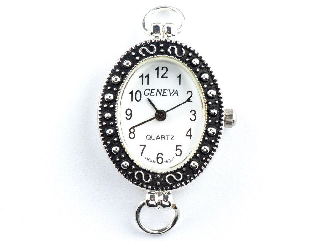 White Dial Marcasite Silvertone Oval Watch Face • DIY Beading Watch • Jewelry Making • Analog • Loops and Battery Included