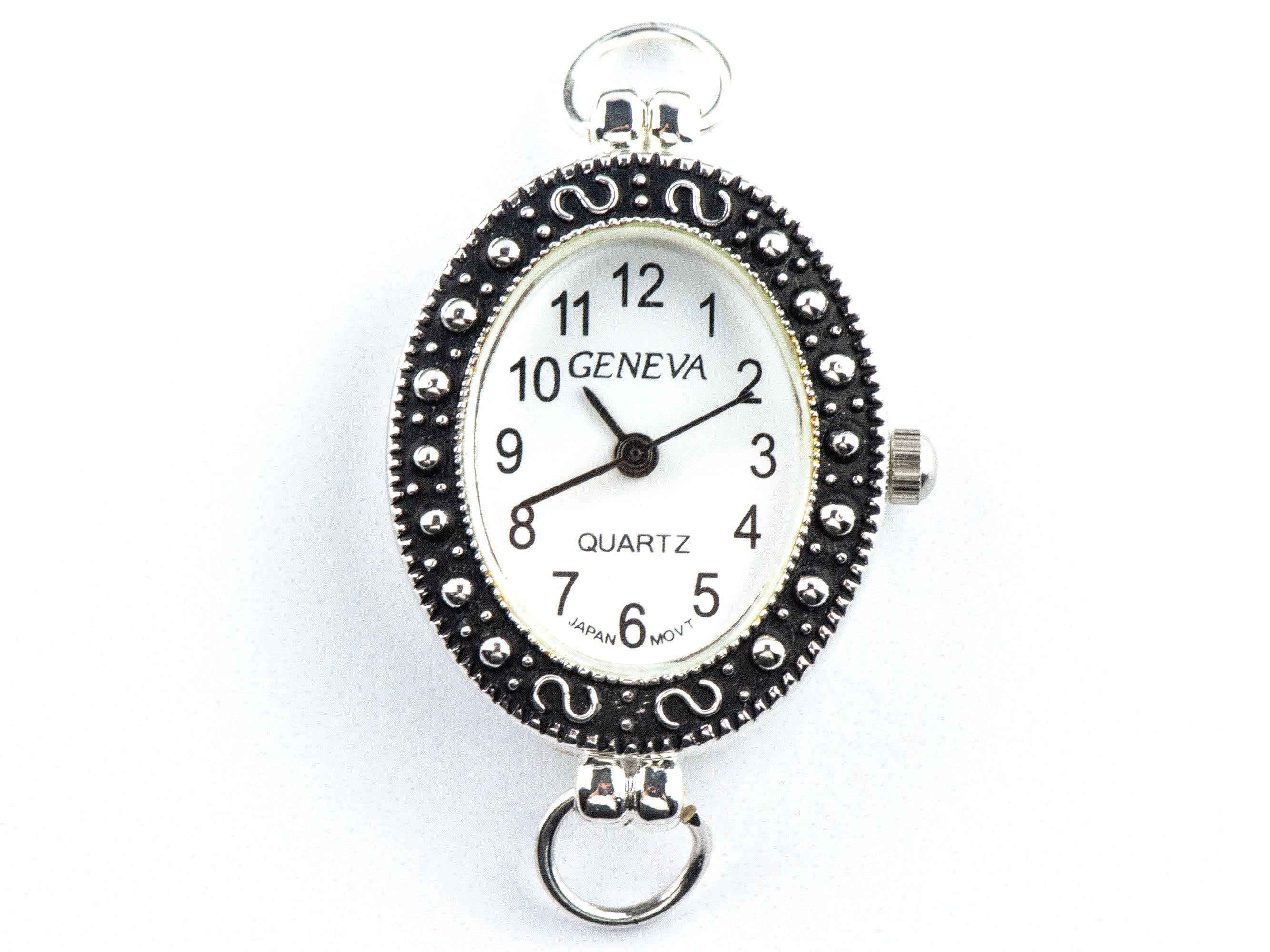 White Dial Marcasite Silvertone Oval Watch Face • DIY Beading Watch • Jewelry Making • Analog • Loops and Battery Included