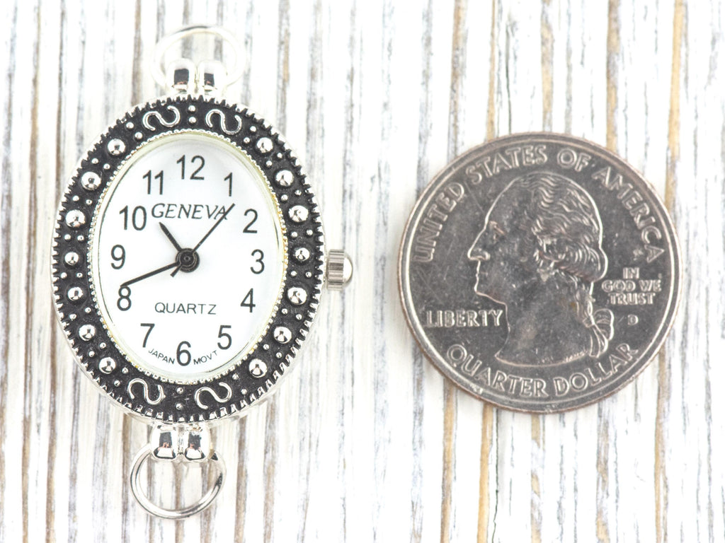 White Dial Marcasite Silvertone Oval Watch Face • DIY Beading Watch • Jewelry Making • Analog • Loops and Battery Included