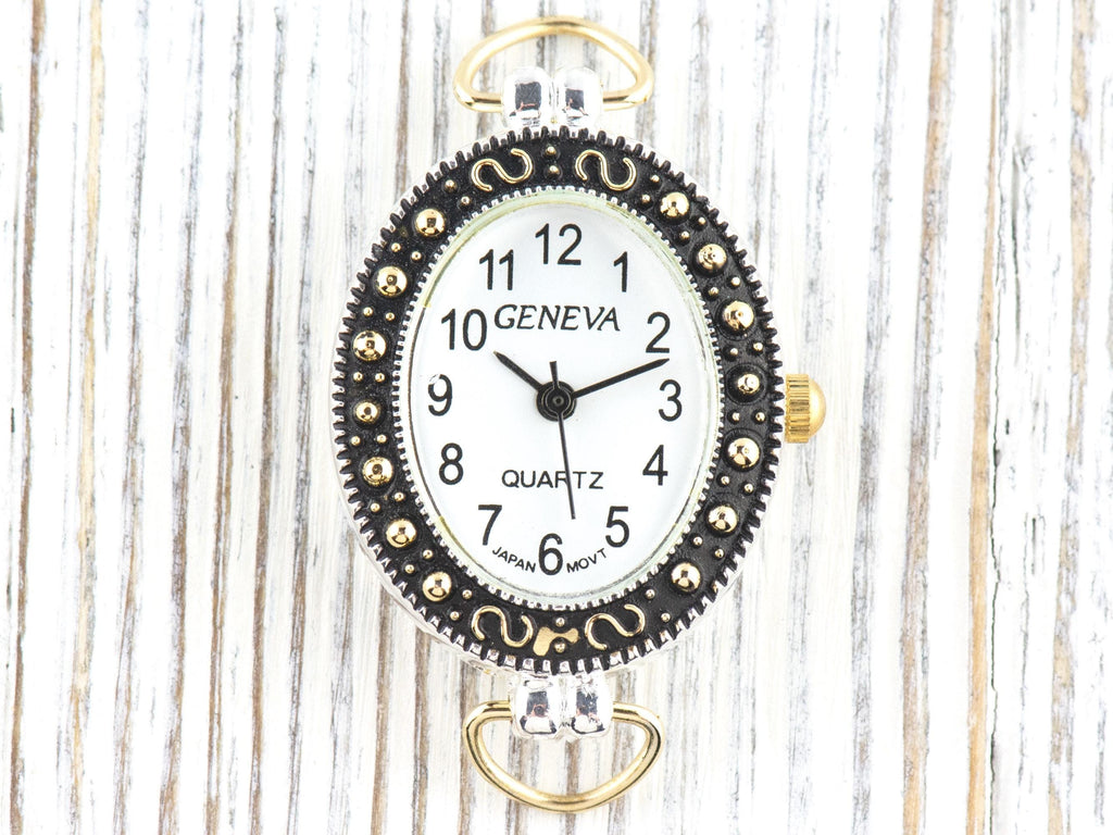 White Dial Marcasite Two-Tone Oval Watch Face • DIY Beading Watch • Jewelry Making • Analog • Loops and Battery Included