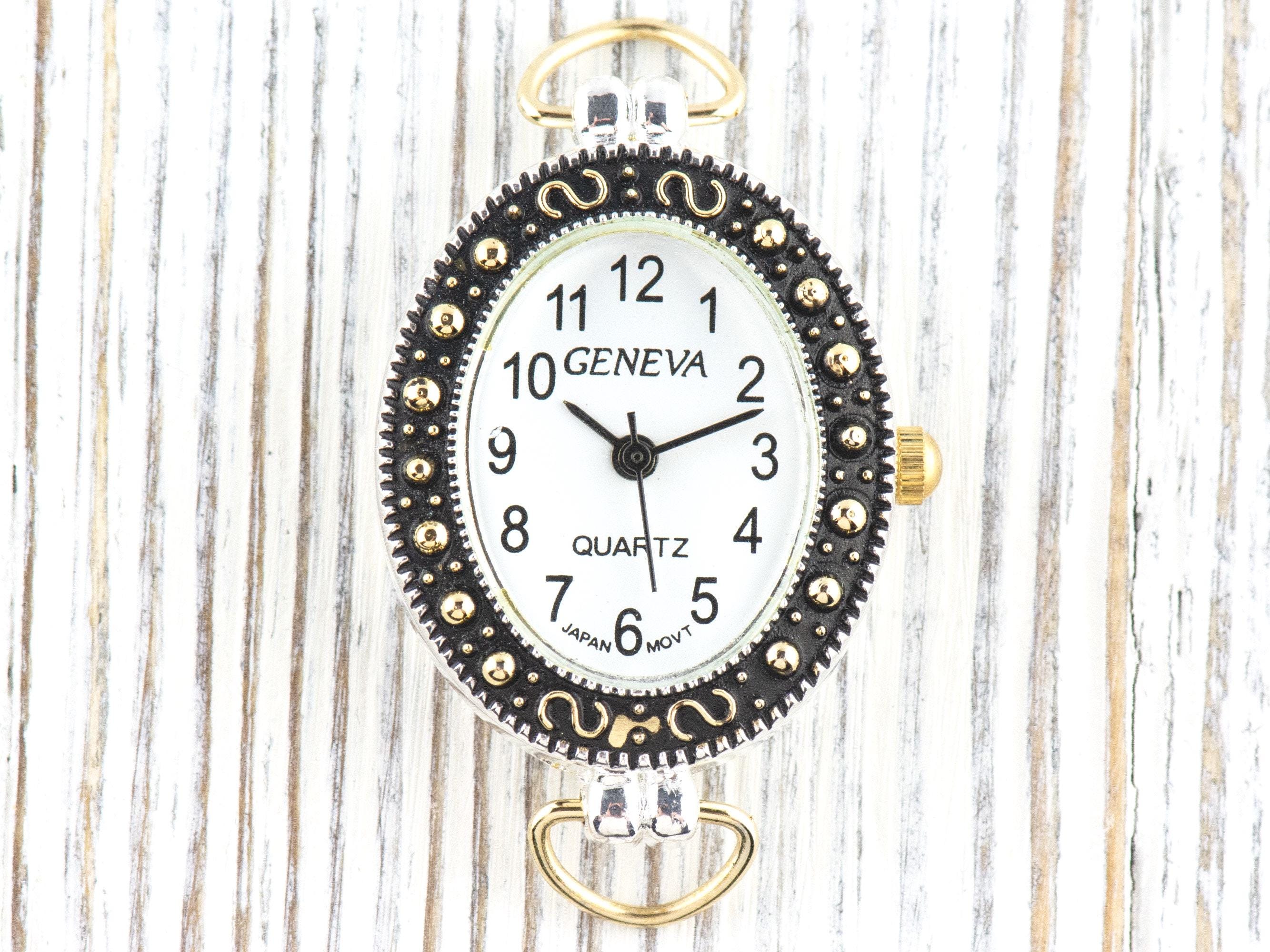 White Dial Marcasite Two-Tone Oval Watch Face • DIY Beading Watch • Jewelry Making • Analog • Loops and Battery Included