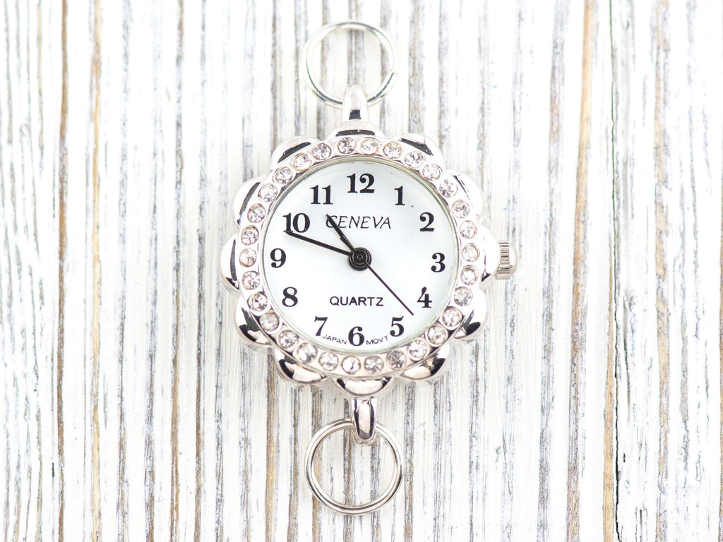 White Dial Rhinestone-Studded Silvertone Flower Watch Face • DIY Beading Watch • Jewelry Making • Analog • Loops and Battery Included