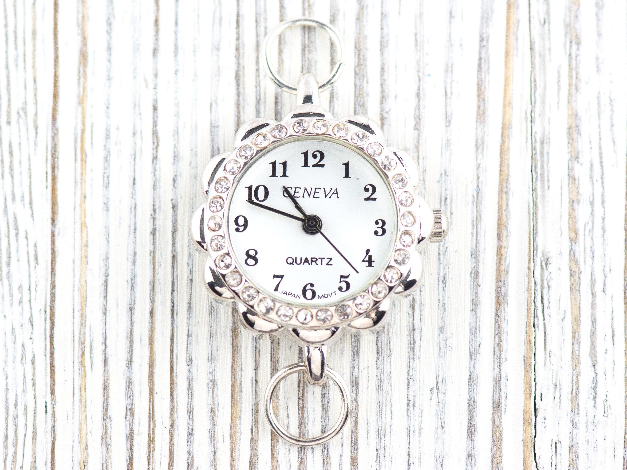 White Dial Rhinestone-Studded Silvertone Flower Watch Face • DIY Beading Watch • Jewelry Making • Analog • Loops and Battery Included