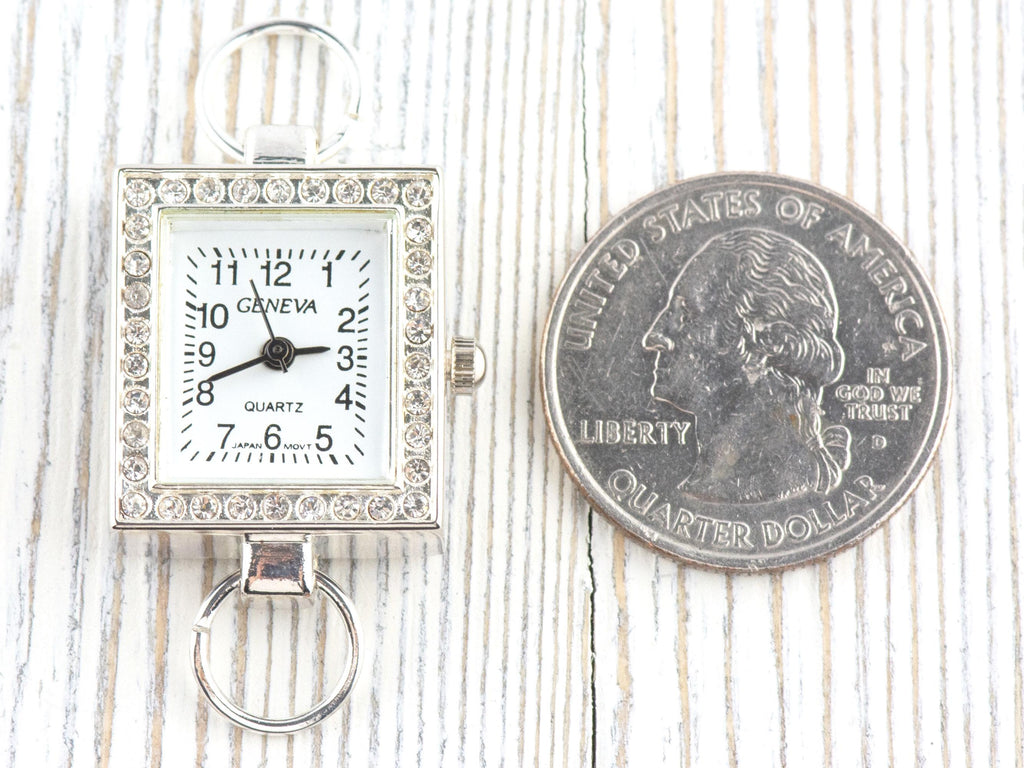 White Dial Rhinestone-Studded Silvertone Square Watch Face • DIY Beading Watch • Jewelry Making • Analog • Loops and Battery Included