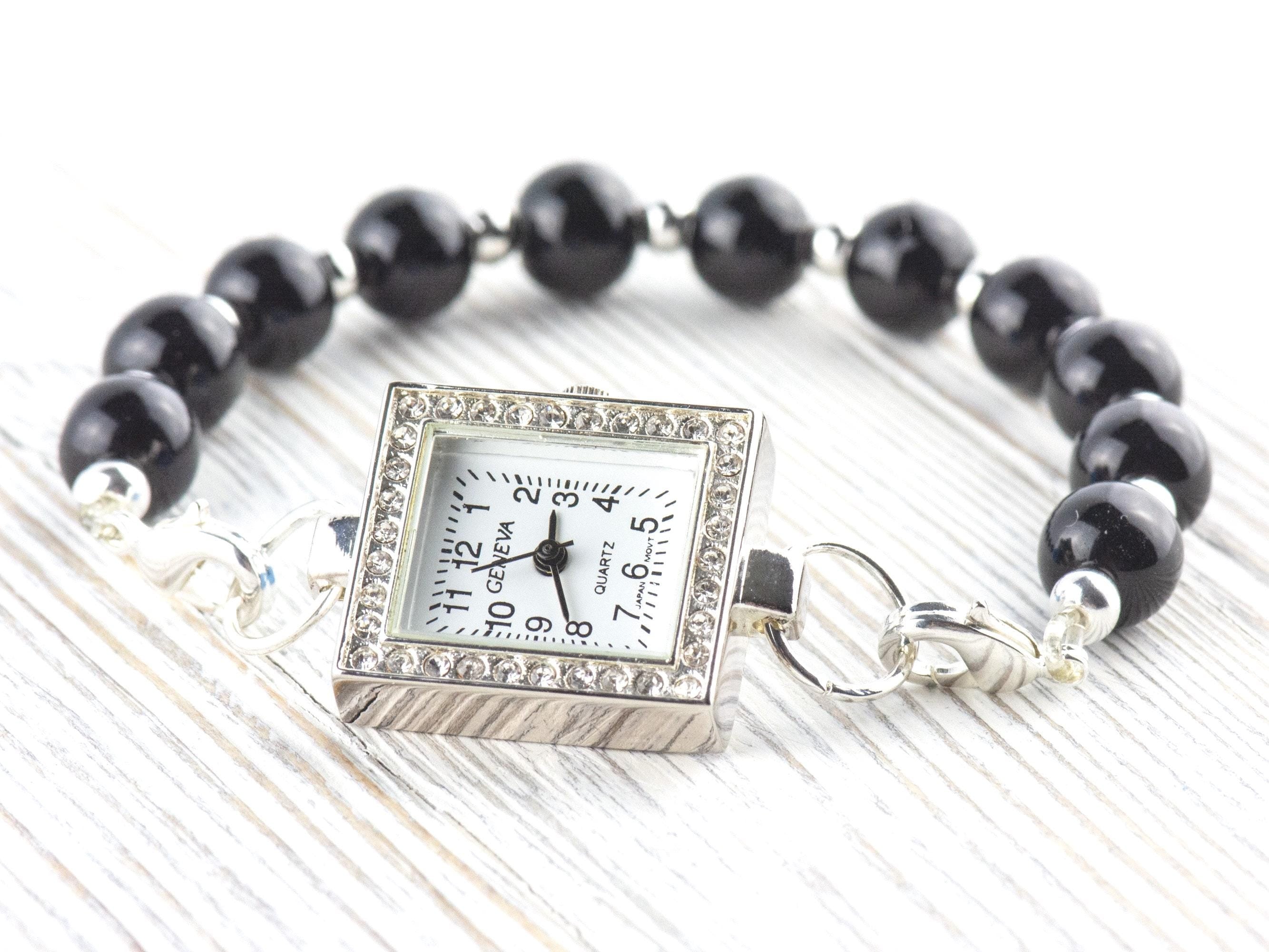 White Dial Rhinestone-Studded Silvertone Square Watch Face • DIY Beading Watch • Jewelry Making • Analog • Loops and Battery Included