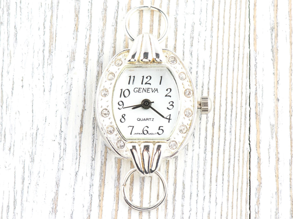 White Dial Rhinestone-Studded Silvertone Square Watch Face • DIY Beading Watch • Jewelry Making • Analog • Loops and Battery Included