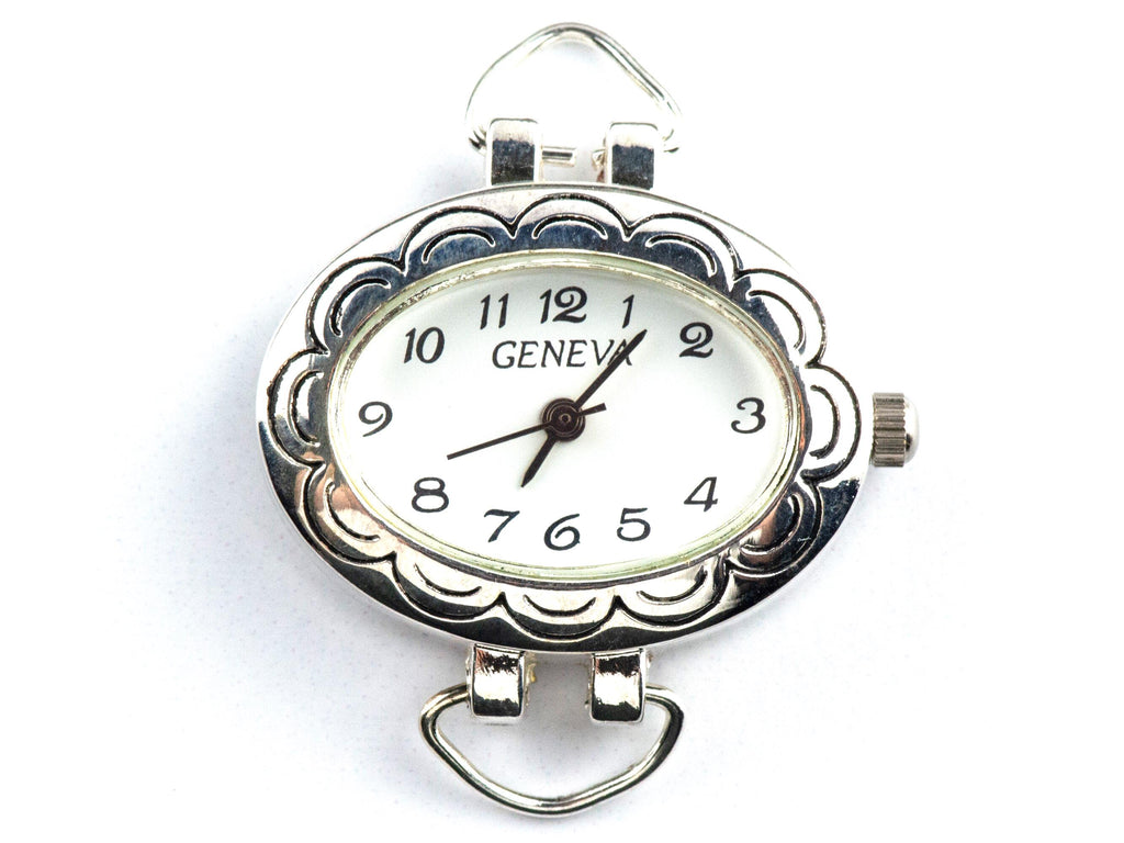 White Dial Silvertone Floral Oval Watch Face • DIY Beading Watch • Jewelry Making • Analog • Loops and Battery Included