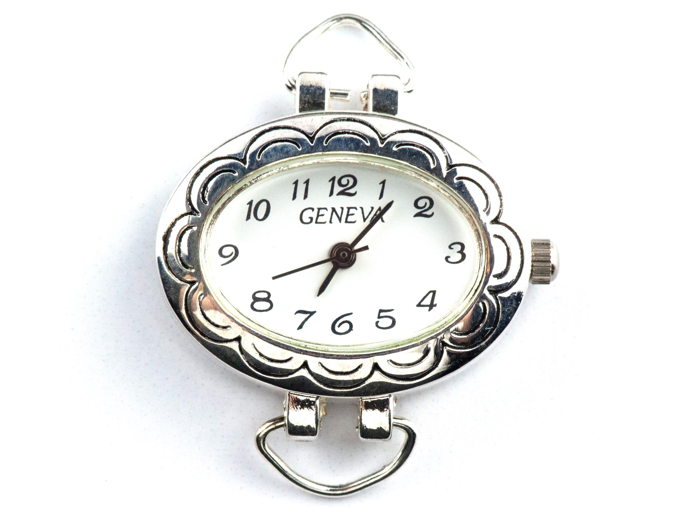 White Dial Silvertone Floral Oval Watch Face • DIY Beading Watch • Jewelry Making • Analog • Loops and Battery Included