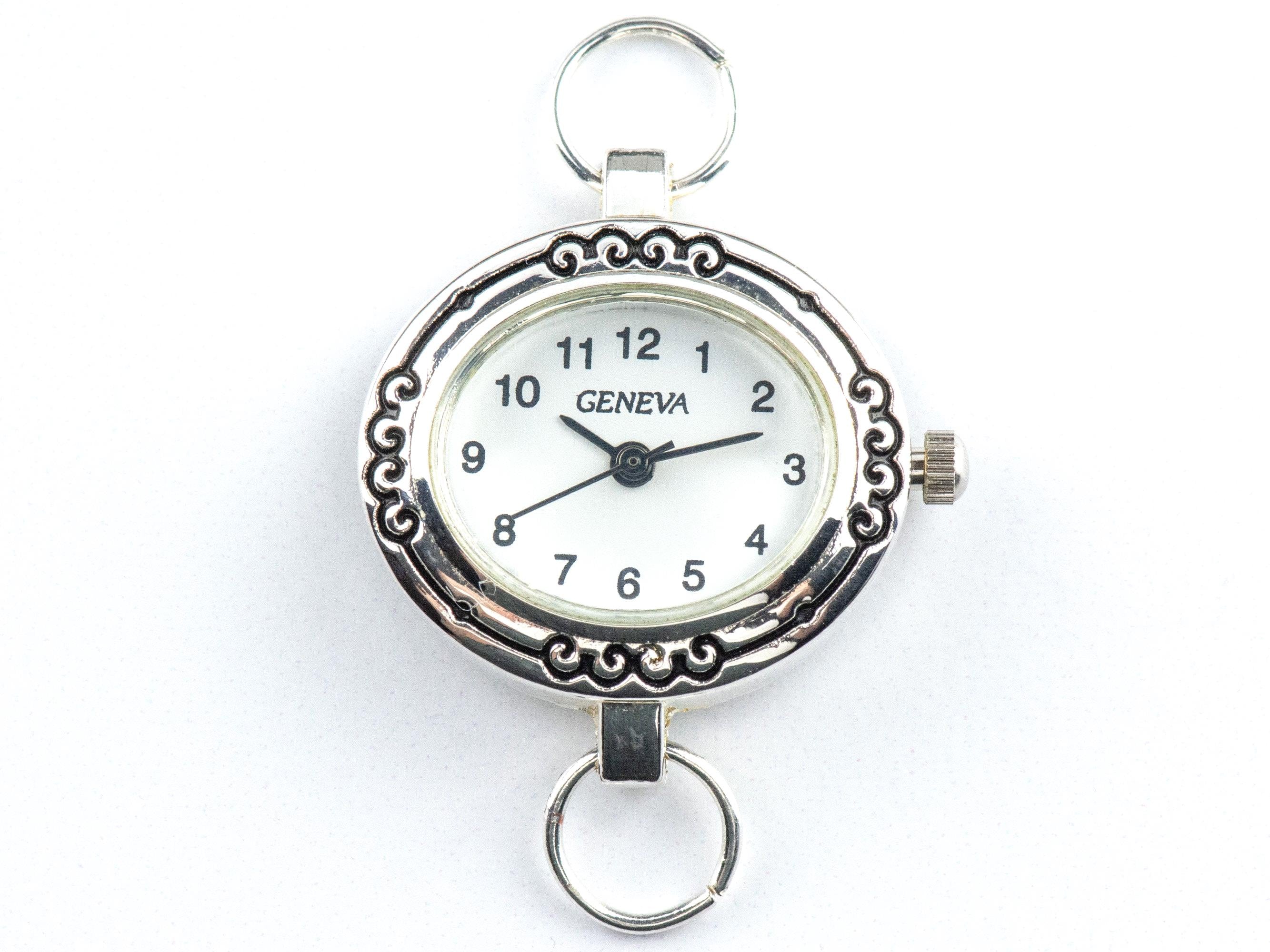 White Dial Silvertone Oval Swirl Watch Face • DIY Beading Watch • Jewelry Making • Analog • Loops and Battery Included