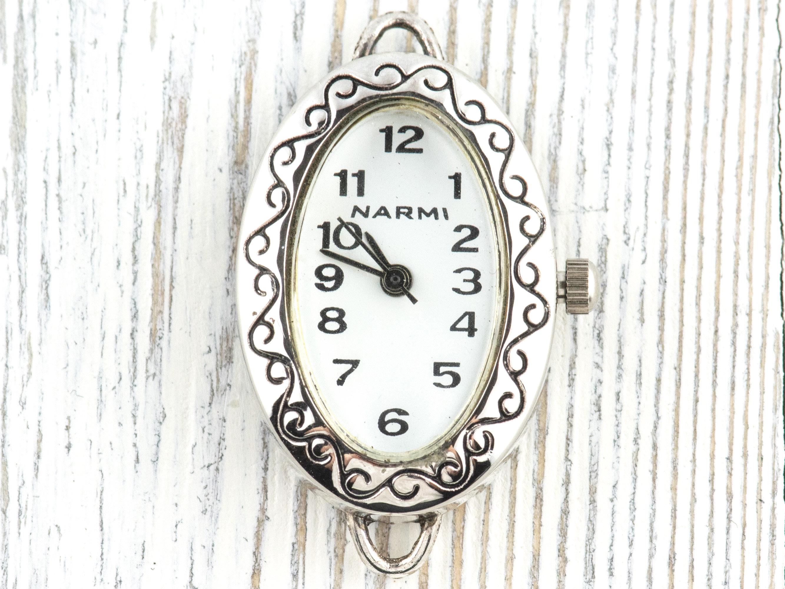 White Dial Silvertone Scroll Oval Watch Face • Loops Attached • DIY Beading Watch • Jewelry Making • Analog • Battery Included