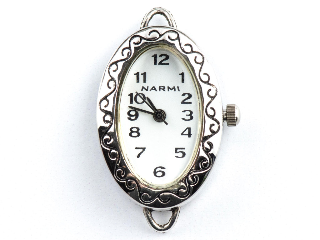 White Dial Silvertone Scroll Oval Watch Face • Loops Attached • DIY Beading Watch • Jewelry Making • Analog • Battery Included