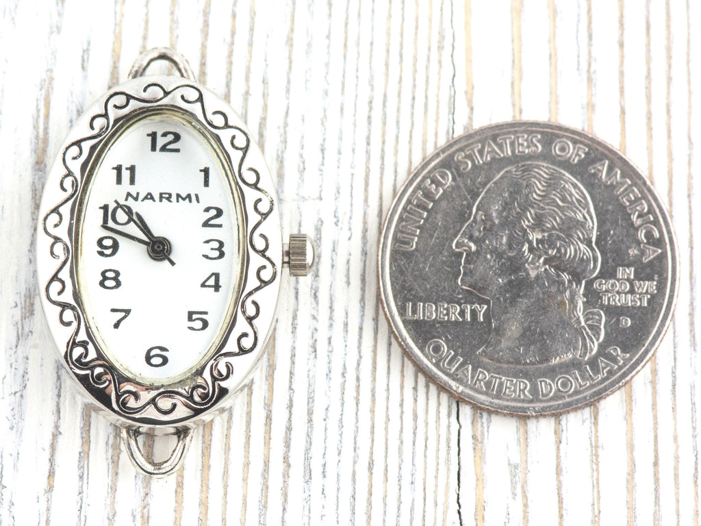 White Dial Silvertone Scroll Oval Watch Face • Loops Attached • DIY Beading Watch • Jewelry Making • Analog • Battery Included