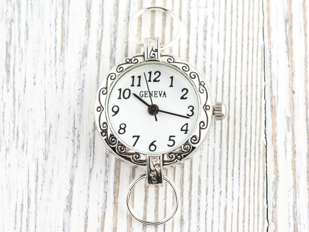 White Dial Silvertone Scroll Round Watch Face • DIY Beading Watch • Jewelry Making • Analog • Loops and Battery Included