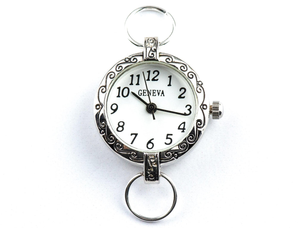 White Dial Silvertone Scroll Round Watch Face • DIY Beading Watch • Jewelry Making • Analog • Loops and Battery Included