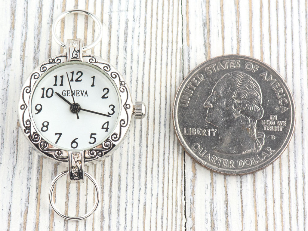 White Dial Silvertone Scroll Round Watch Face • DIY Beading Watch • Jewelry Making • Analog • Loops and Battery Included