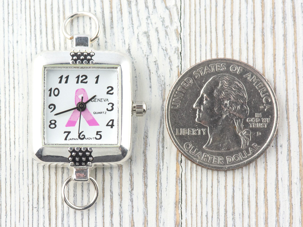 Pink Ribbon Silvertone Embellished Square Watch Face • White Dial • DIY Beading Watch • Jewelry Making • Analog • Loops and Battery Included