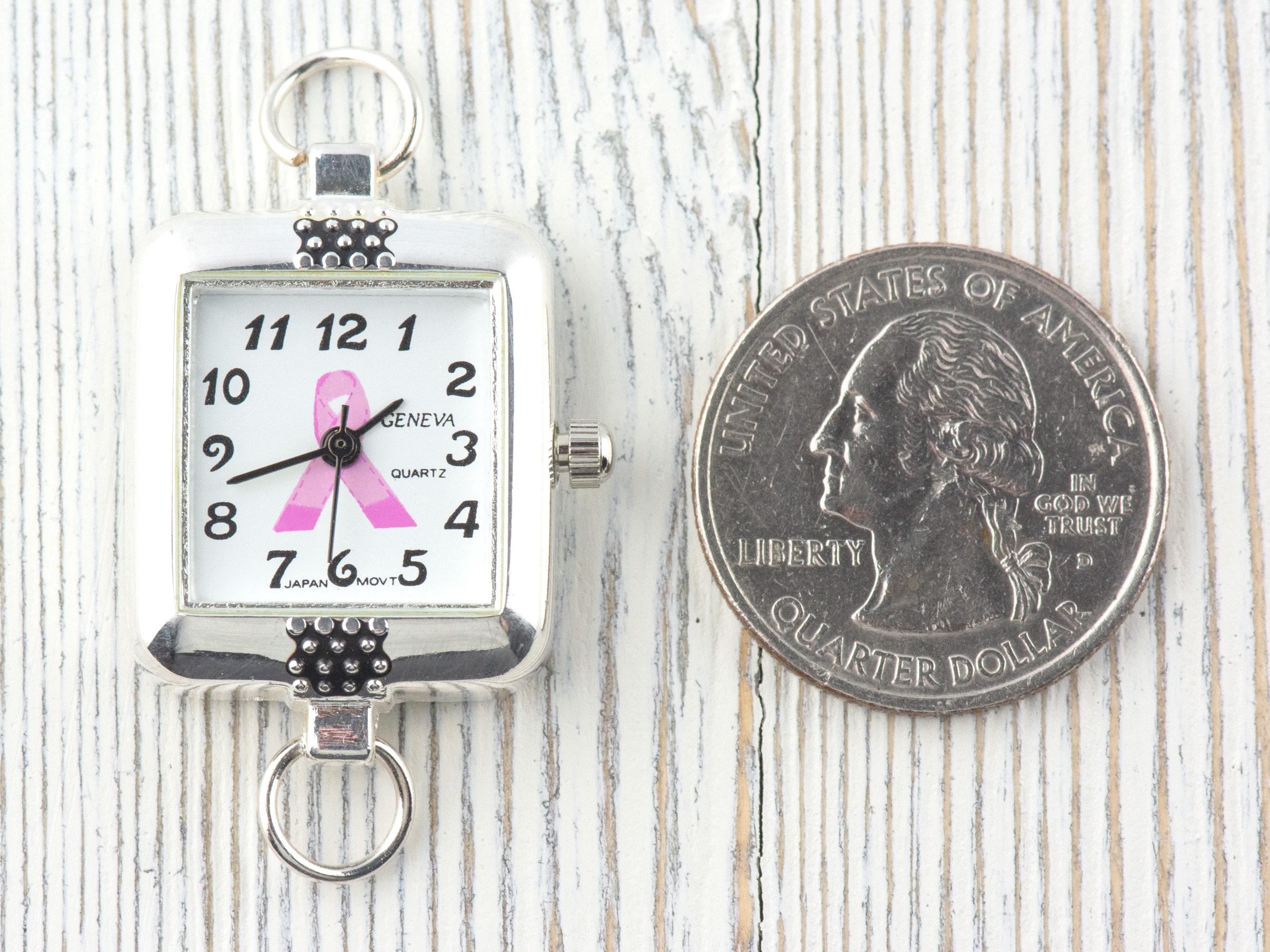 Pink Ribbon Silvertone Embellished Square Watch Face • White Dial • DIY Beading Watch • Jewelry Making • Analog • Loops and Battery Included