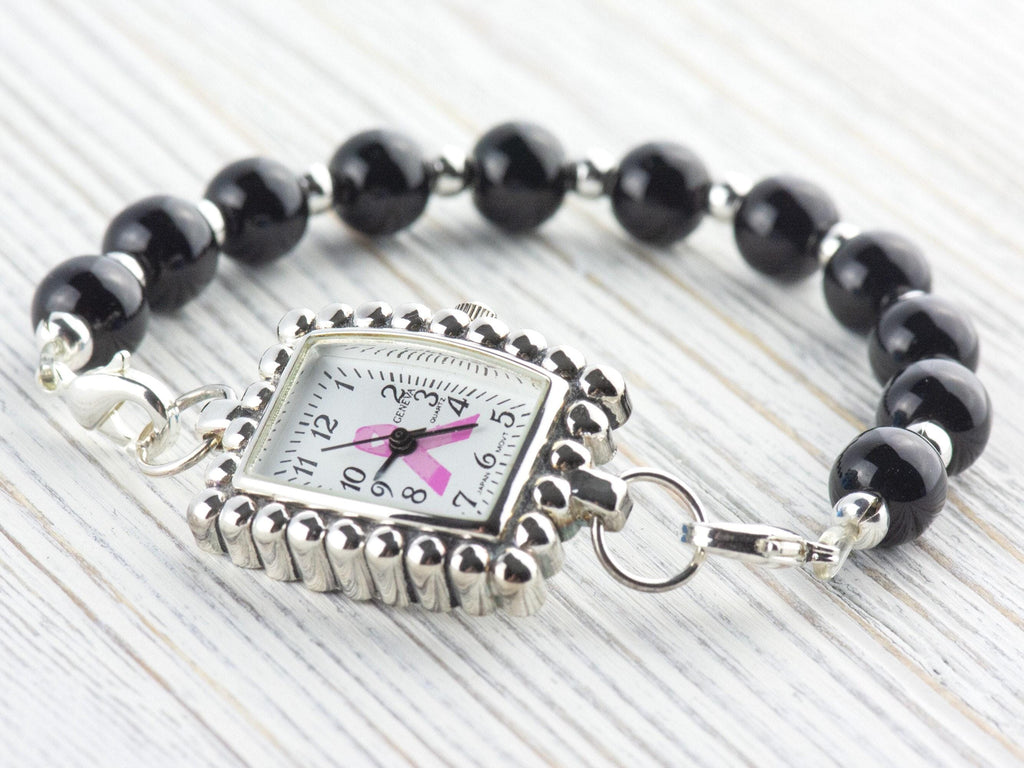 Pink Ribbon Silvertone Bumpy Square Watch Face • White Dial • DIY Beading Watch • Jewelry Making • Analog • Loops and Battery Included