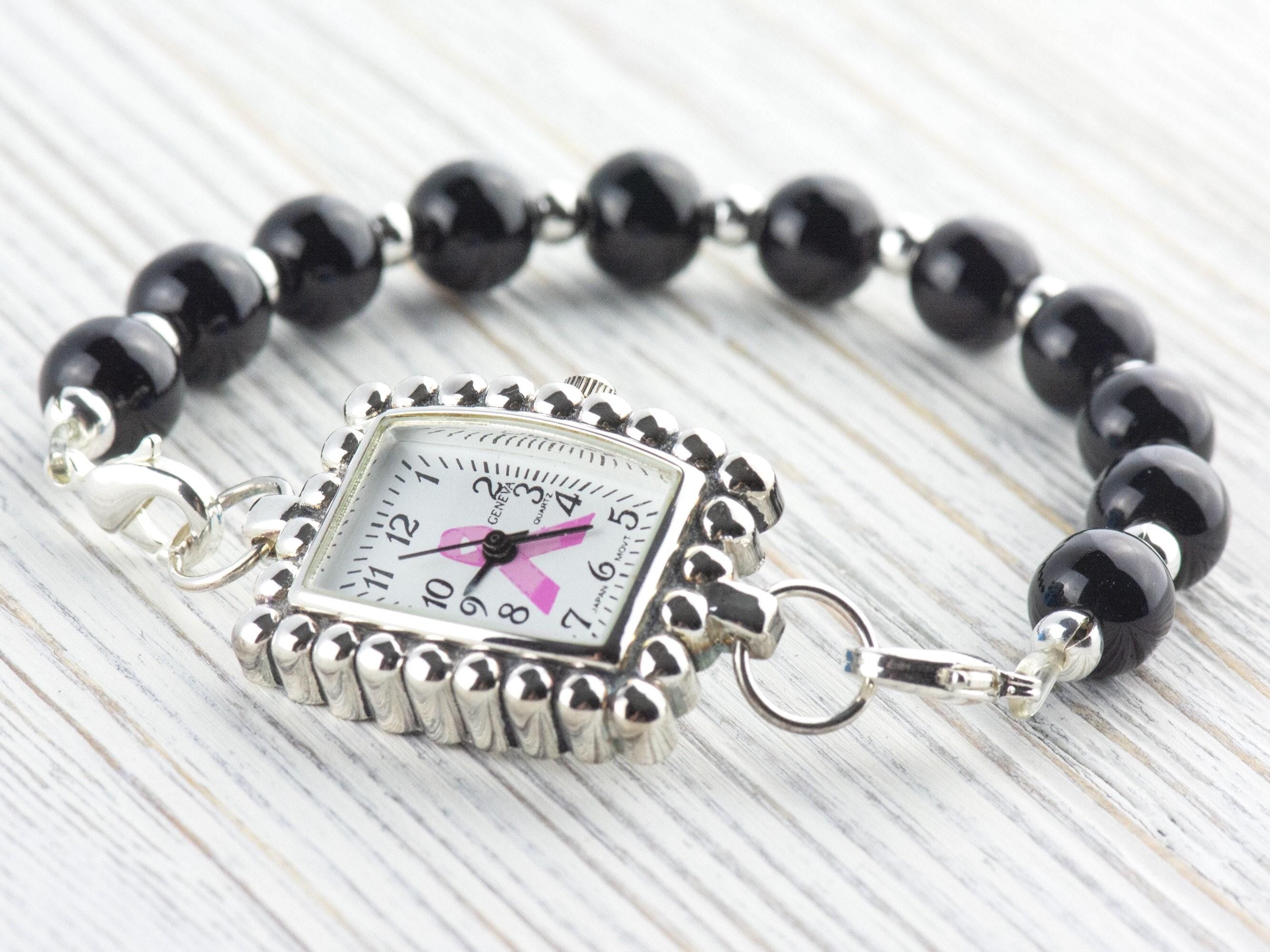 Pink Ribbon Silvertone Bumpy Square Watch Face • White Dial • DIY Beading Watch • Jewelry Making • Analog • Loops and Battery Included