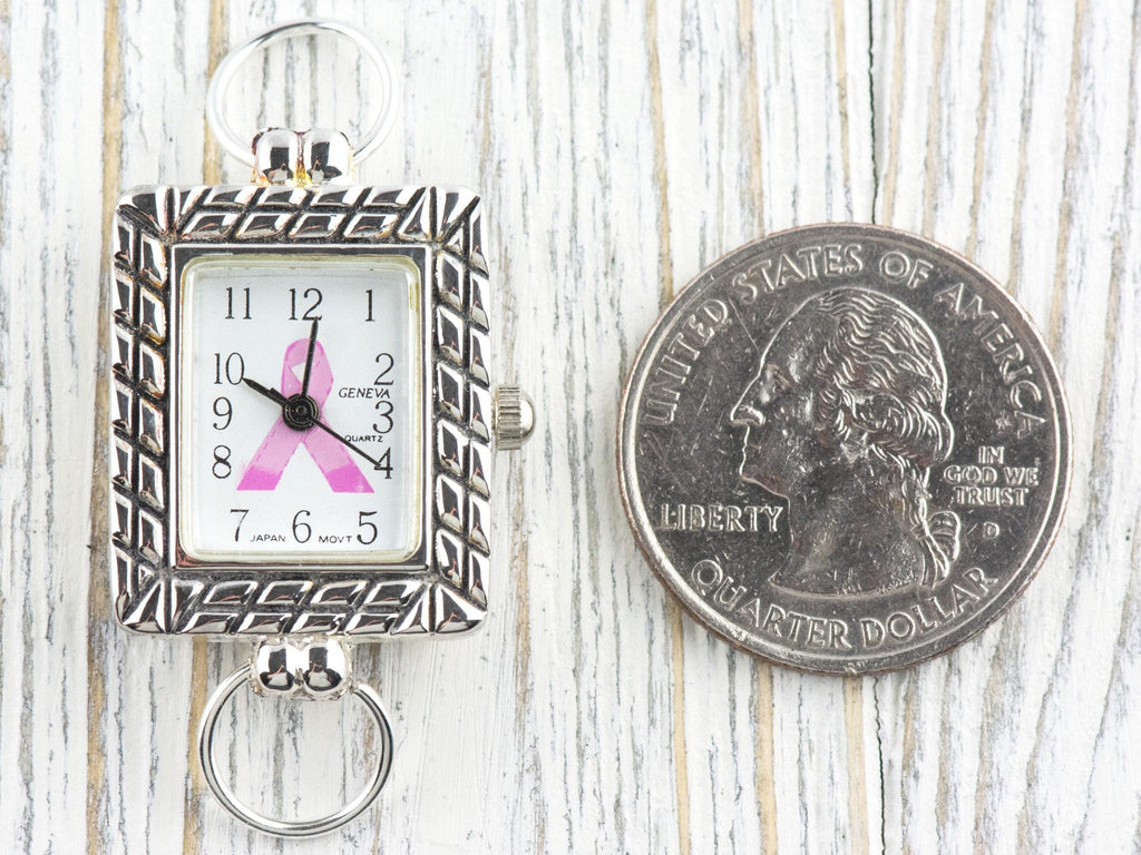 Pink Ribbon Silvertone Square Watch Face • White Dial • DIY Beading Watch • Jewelry Making • Analog • Loops and Battery Included