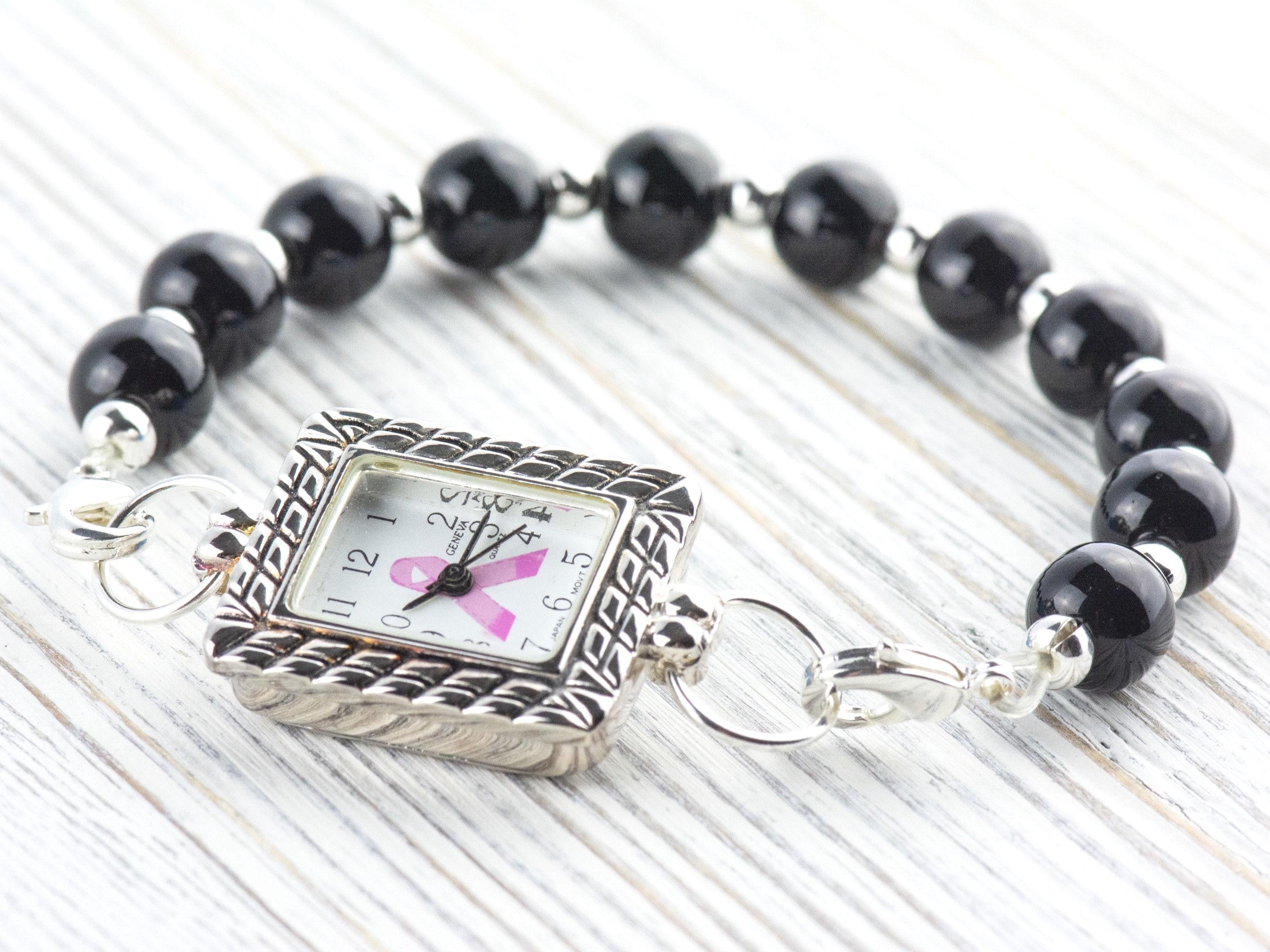 Pink Ribbon Silvertone Square Watch Face • White Dial • DIY Beading Watch • Jewelry Making • Analog • Loops and Battery Included