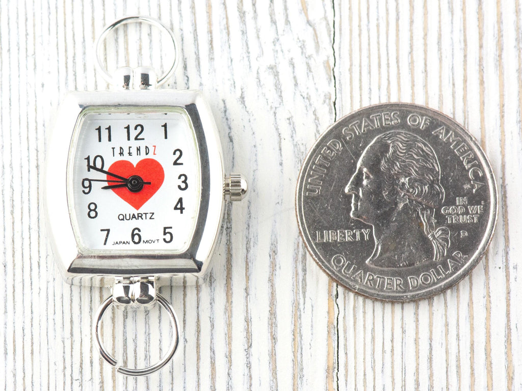Red Heart White Dial Silvertone Square Rectangle Watch Face • DIY Beading Watch • Jewelry Making • Analog • Loops and Battery Included