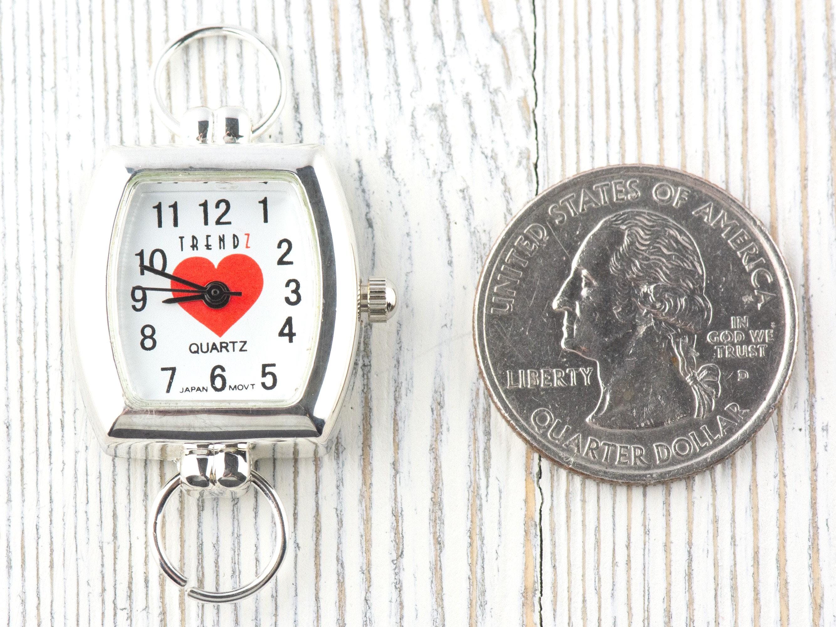 Red Heart White Dial Silvertone Square Rectangle Watch Face • DIY Beading Watch • Jewelry Making • Analog • Loops and Battery Included